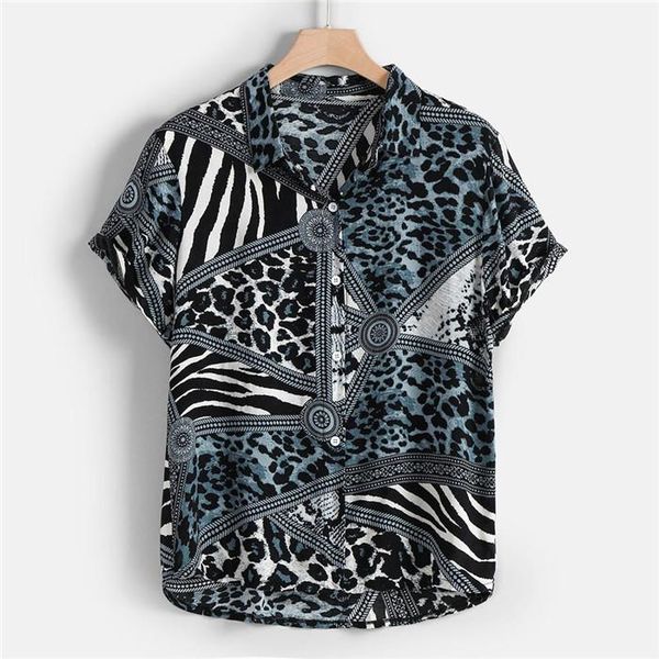 

shirt men fashion casaul clothes mens vintage leopard summer shirts man designer panelled lapel neck short sleeve, White;black