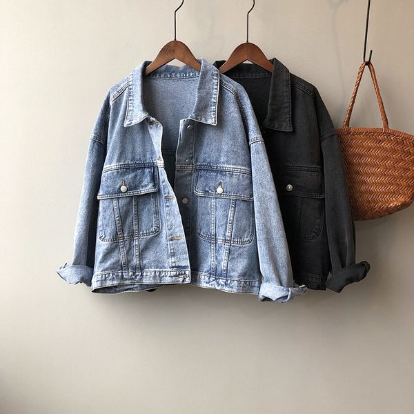 

women's jackets jeans coat 2021 spring style korean ins jacket fold-down collar short casual denim, Black;brown