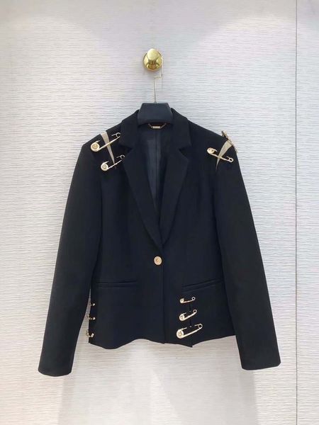 

European and american women 039 autumn winter 2019 new tyle long leeve uit collar pin decorative tyli h black coat