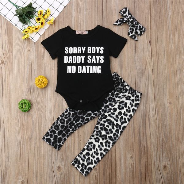 

newborn baby girl clothes set romper short sleeve leopard pants headband 3pcs summer casual cotton outfit set 0-24m, White