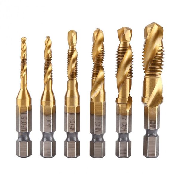 

6pcs/lot hss drill bit metric thread m3 m4 m5 m6 m8 m10 titanium coated tap bits 1/4" hex shank for drilling