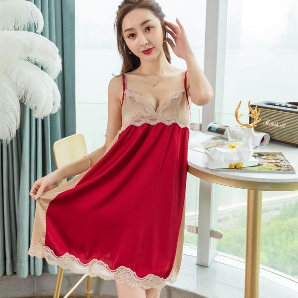 

contrast color backless lace women's nightdress summer imitation silk strap v-neck loose satin nighty multicolor for choose, Black;red