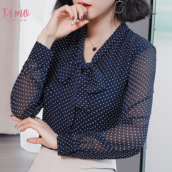 

fashion women blouse bow collar offoce blouse women dot print chiffon blouse shirt long sleeve women shirt blusas 50, White