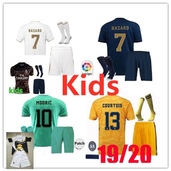 

2019 real madrid kids kit soccer jerseys 19 20 hazard home white away 3rd child modric sergio ramos benzema isco bale football kit, Black;yellow