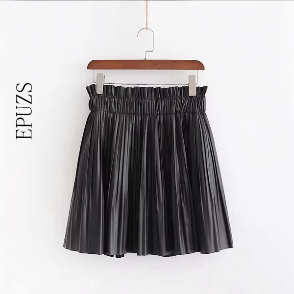

fashion black pu fur leather skirts womens summer elastic high waist skirt 2019 chic pleated skirt femme streetwear, Black;gray