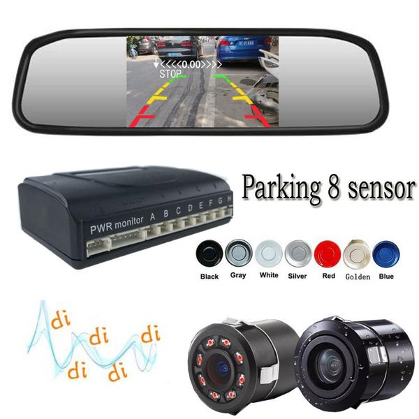 

car parking 8 sensors parktronics reverse radar sound buzzer alarm sound with 18.5mm camera/monitor front&rear dual view assist