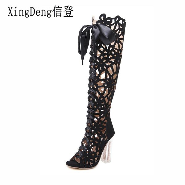 

xingdeng shoes lady crystal heels peep toe dress shoes women summer lace up hollow party high heels long motorcycle boots, Black