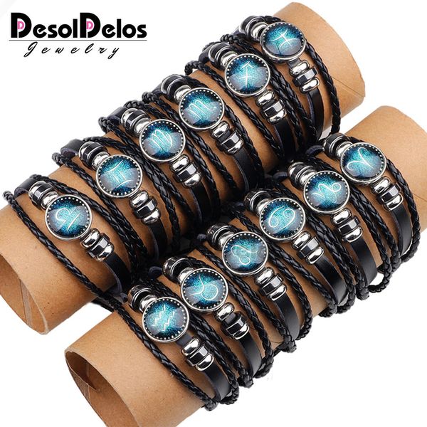 

12pcs/lot 12 constellation mens bracelets handmade zodiac signs bracelet beaded charm leather bracelet punk rock men jewelry, Golden;silver
