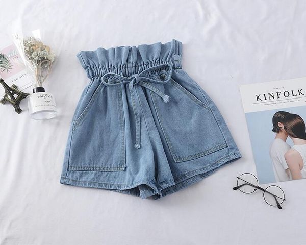 

spring and summer new flower bud lace up high waist denim shorts loose korean students wide leg pants, Blue