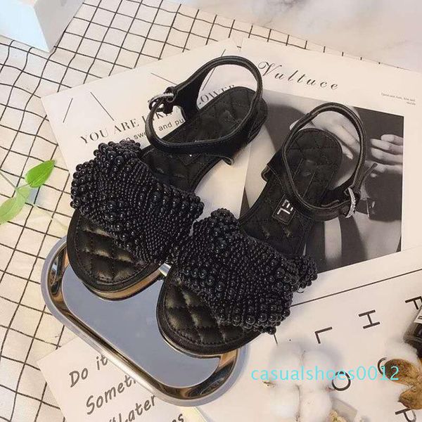 

pearl buckle sandals female flat sole sheepskin electro-embroidered diamond pearl chain sandals girl leather fashion 12c, Black