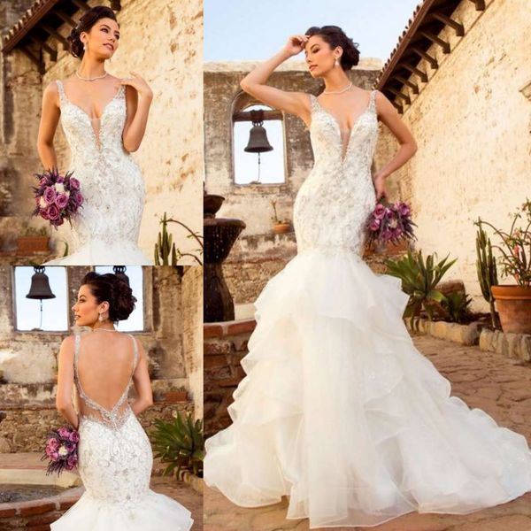 Kitty Chen 2019 Meerjungfrau Tiered Röcke Brautkleider Spitze Appliqued Perlen V-ausschnitt Brautkleider Vestido de Novia Hochzeitskleid