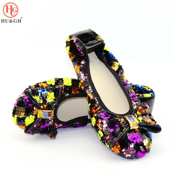 

african lady foldable patent leather loafers shoe with a bow-knot italian women sequined ballet flats shoes without bag set, Black