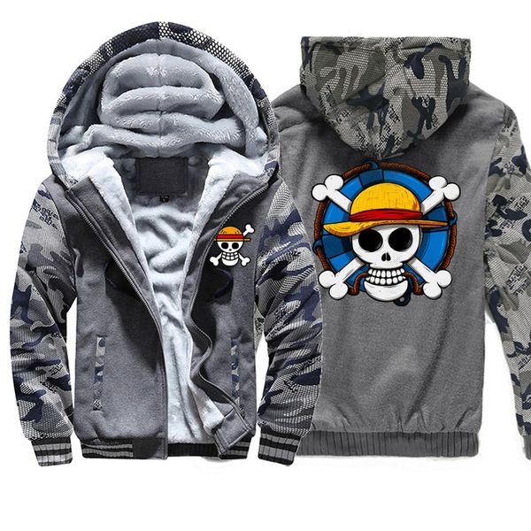 

one piece men thick winter camo fleece warm jacket sweatshirt japan anime militray funny straw hat pirates king hoodie jackets, Black