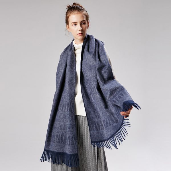 

women's thorn wool imitation cashmere monochrome bristles scarf folds natural tassels warm solid color shawl 67*180cm, Blue;gray