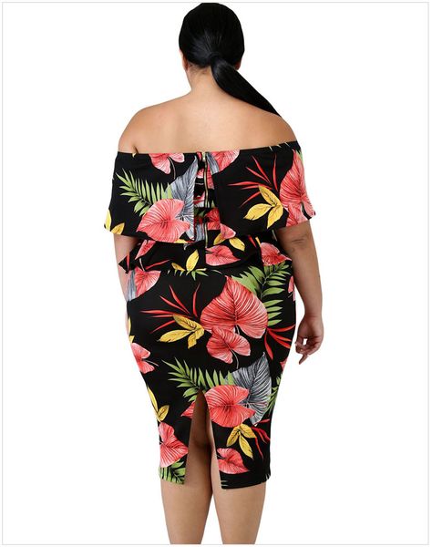 

xl 4xl 5xl plus size summer women party dress off the shoulder tropical print plus size bodycon midi dress dlm611091, Black;gray