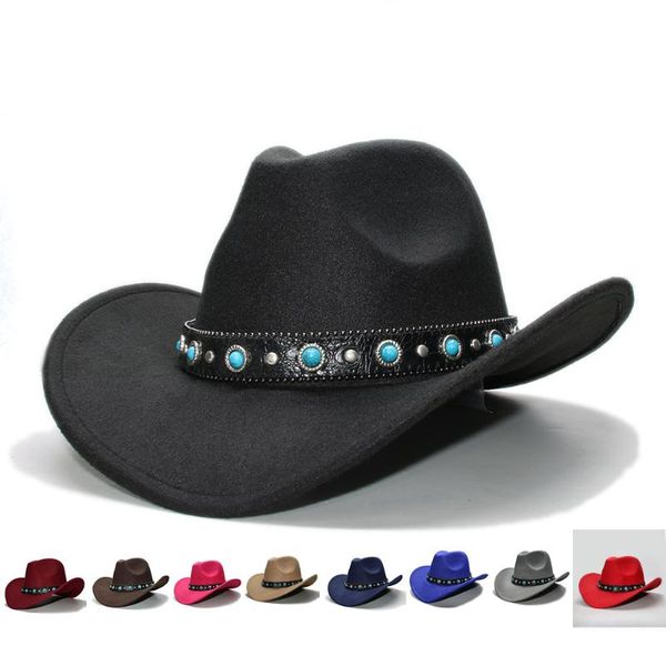 

a182 leather belt wool fedoras hat lady spring autumn woolen cap parent and child wool west cowboy hat large brimmed, Blue;gray