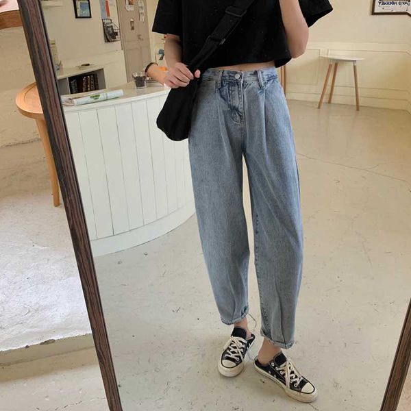 

women's jeans simple fresh versatile high-waisted dad radish capri pants loose-fit, Blue
