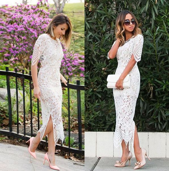 

full lace sheath party dresses short sleeves open back prom evening evening gown cocktail club wear 2415, Black