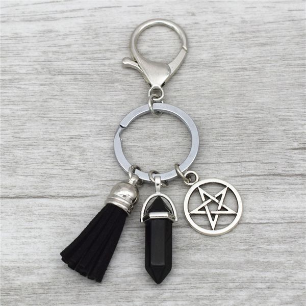 

10pcs/lot wholesale natural stone keychain for women men pentagram pendant star charm key chains tassel keyring jewelry, Silver