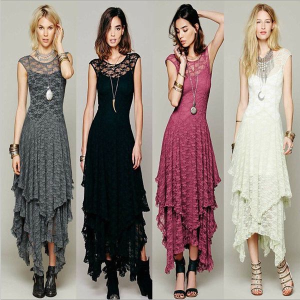 

women irregular hollow out lace dress female open back sleeveless long dress, Black;gray