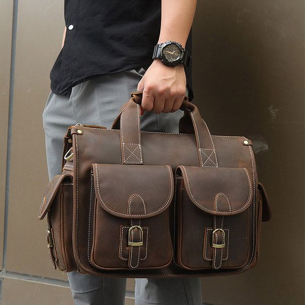 

vintage mens briefcase genuine cowhide leather 16 pc lapbag crazy horse leather business messenger bag work tote for man