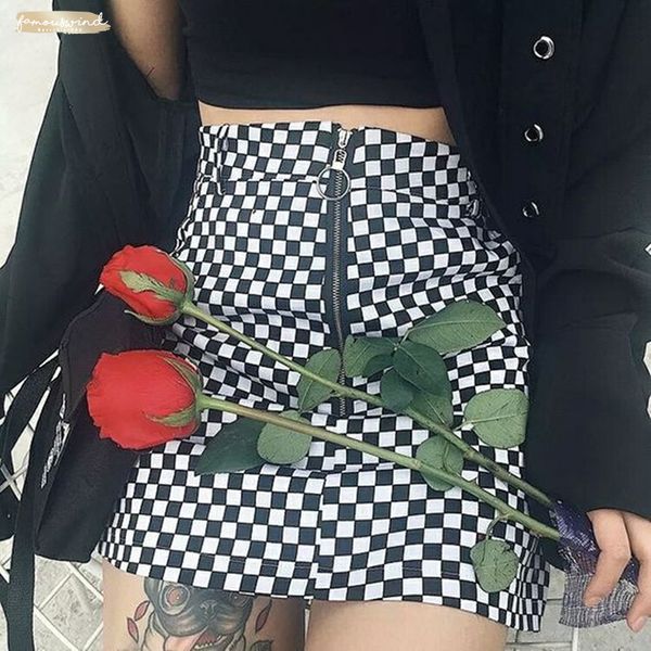 

high checkerboard plaid skirt summer mini skirt waist zipper checkered skirts womens short bottom saia gothic, Black