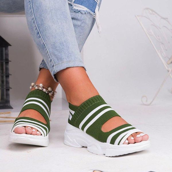 

2020 womens summer sport comfortable elastic band platform flat sandals beach striped shoes apatos de mujer#, Black