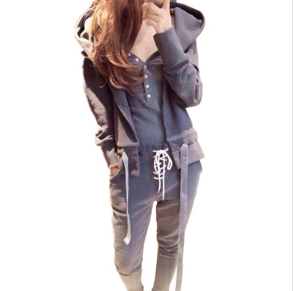 

fashion women's sweater suit 2019 new casual solid color women's sportswear hooded sweater ladies three-piece clothing wholesale, White