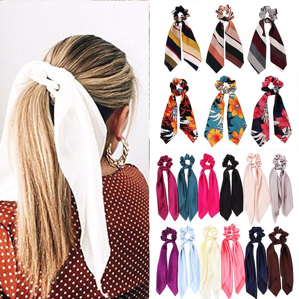 

new design floral print women hair scarf elastic bohemian hairband scrunchie bow ropes girls hair ties accessories, Slivery;white