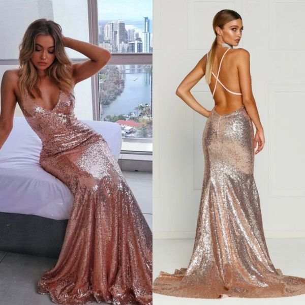 

spaghetti-straps sequins sleeveless mermaid prom dresses rose gold criss cross evening gowns custom made bridesmaid dress bc3647, Black