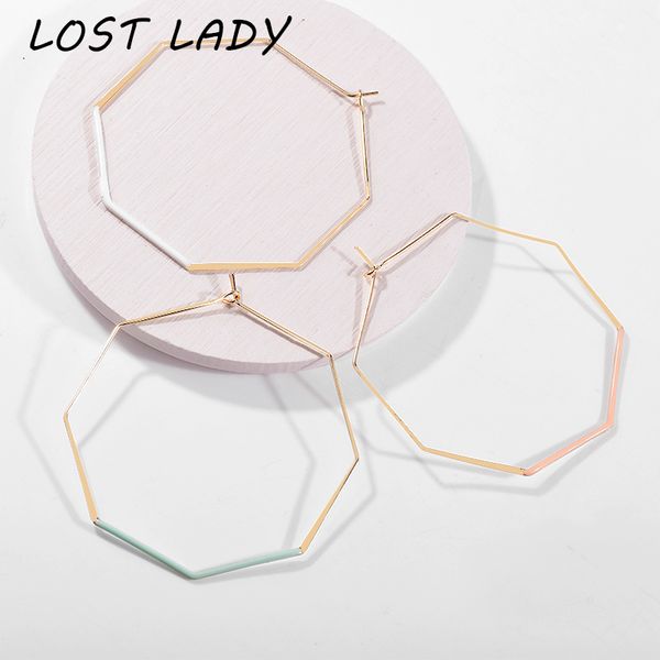 

lost lady 2019 new fashion jewelry smooth octagon big hoop earrings for women large geometric hollow statement loop earring gift, Golden;silver
