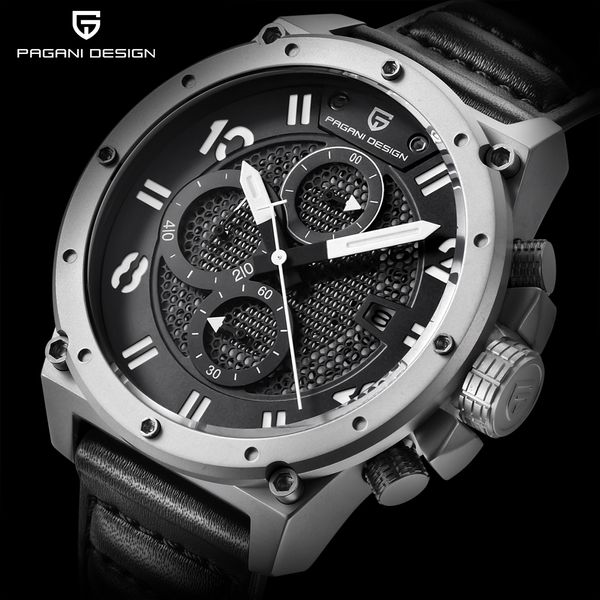 

pagani design chronograph sports watches men leather quartz watch waterproof wistwatch relogio masculino, Slivery;brown