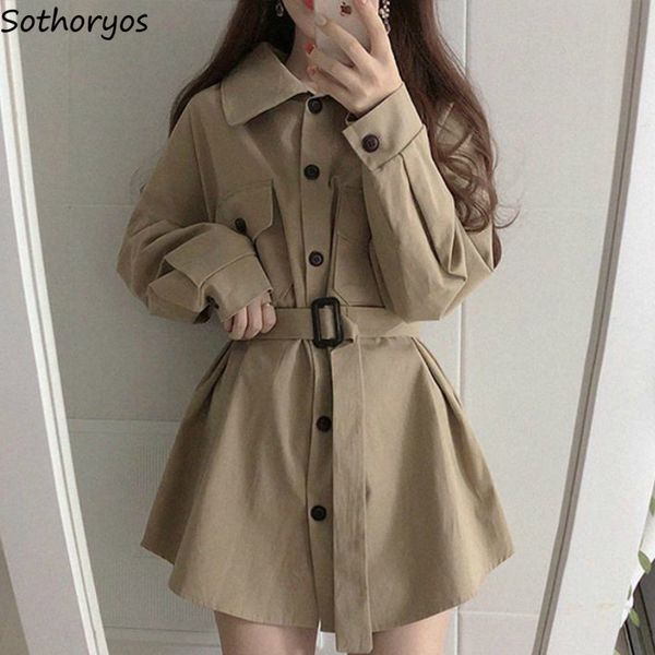 

women's trench coats women spring single breasted solid sashes oversize 2xl loose trendy korean style ins cargo all-match womens ulzzan, Tan;black