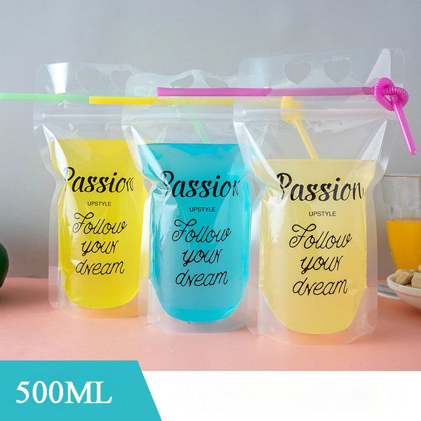 

500ml disposable juice drink bag with straw clear plastic packaging pouch beverage coffee bag for summer party tableware