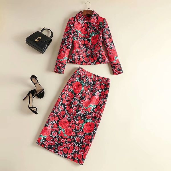 

autumn 2019 new european and american women's wear long-sleeved lapel jacket skirts fashionable rose jacquard suit, White