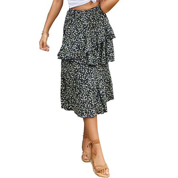 

2020 лето юбки для женщин длинные maxi skirt femme leopard печатный эластичный пояс шифон партия высокой талией бич boho maxi юбки, Black