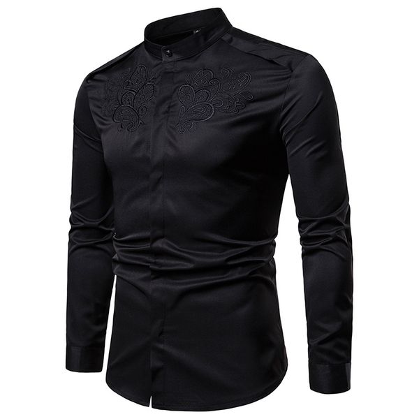 

spring floral men dress shirts long sleeve royal court casual henry collar shirt men embroidery solid business camisa masculina, White;black