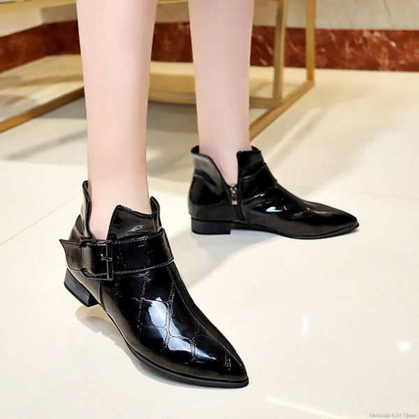 

short boots women shoes retro pointed toe cozy low heels flat platform england style buckle zipper plaid oxford women shoes, Black