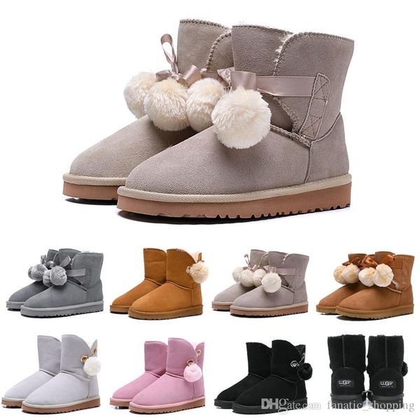 

fashion luxury designer women boots wgg ankle knee australia snow booties bailey hairball ladies bow tie womens winter boot new arrival, Black