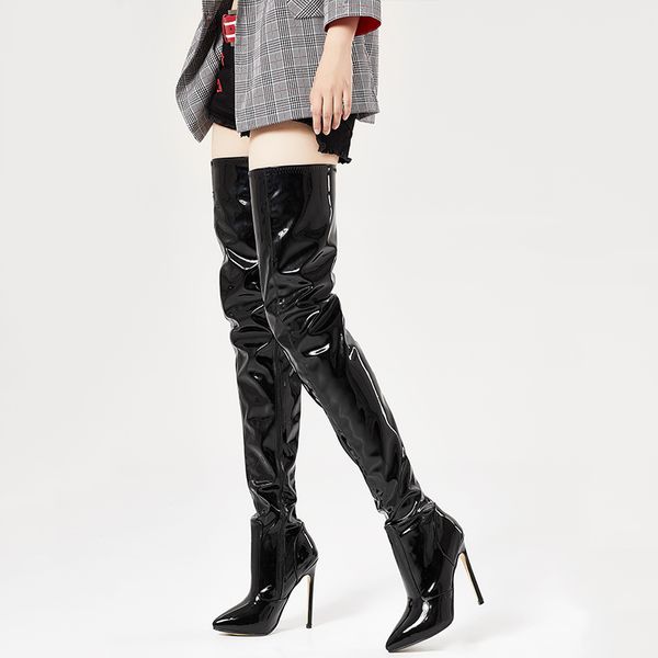 

sapato feminino black leather long stretch over the knee boots thin knee high heel crotch girls shoes ladies shoes woman