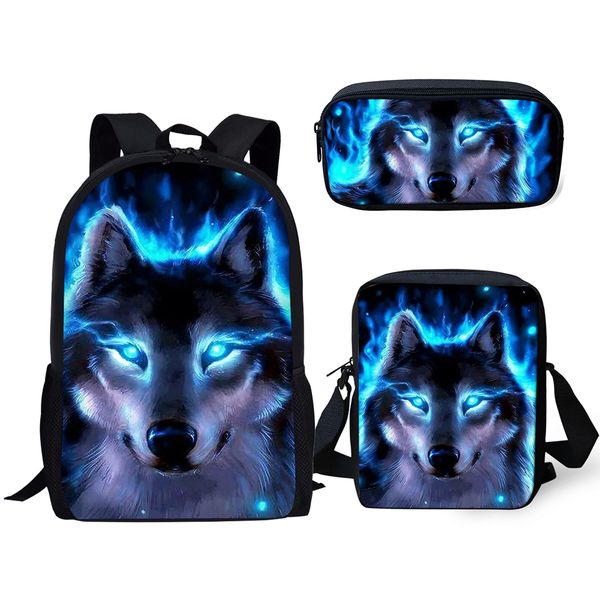 

elviswords kids backpacks set cute wolf prints pattern school bags cartoon animal students 3pcs backpack/messenger bag/pen bag