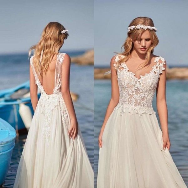

2019 bohemian a line wedding dresses v neck backless chiffon lace appliques floor length beach bridal gowns plus size vestido de novia, White