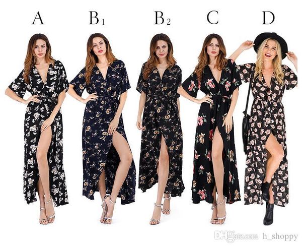 

2019 new printed dresses summer women's v-neck open short-sleeved chiffon floral dress vacation beach skirt, Black;gray