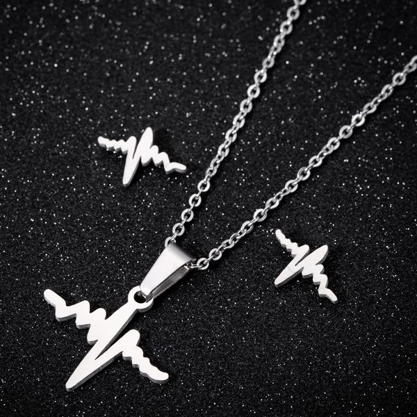 

fashion stainless steel heartbeat pendant necklace couple heart stud earrings for women bridesmaid romantic jewelry set, Silver