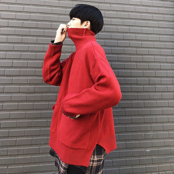 

2018 autumn and winter high collar double pocket sweater solid color casual pullover white / black / blue red army green