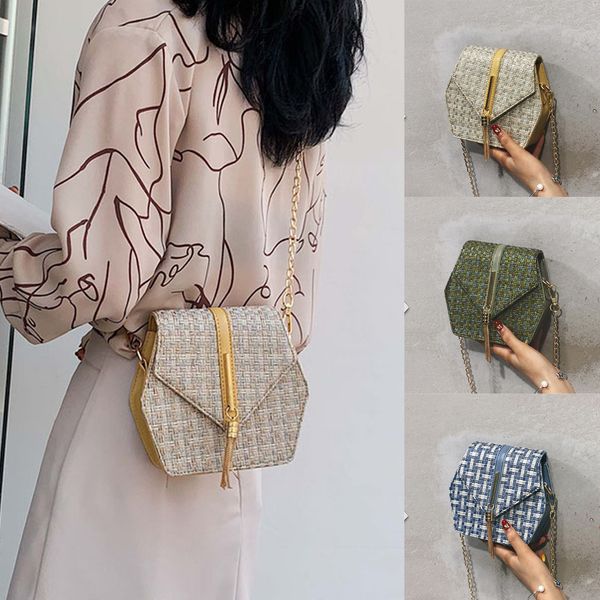 

fashion women retro weave leather tassel chain crossbody shoulder bag hasp patchwork straw bucket bag for travel