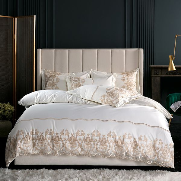 New Cotton Satin Lace Bedding Sets Solid Color White Pink Gray Bed