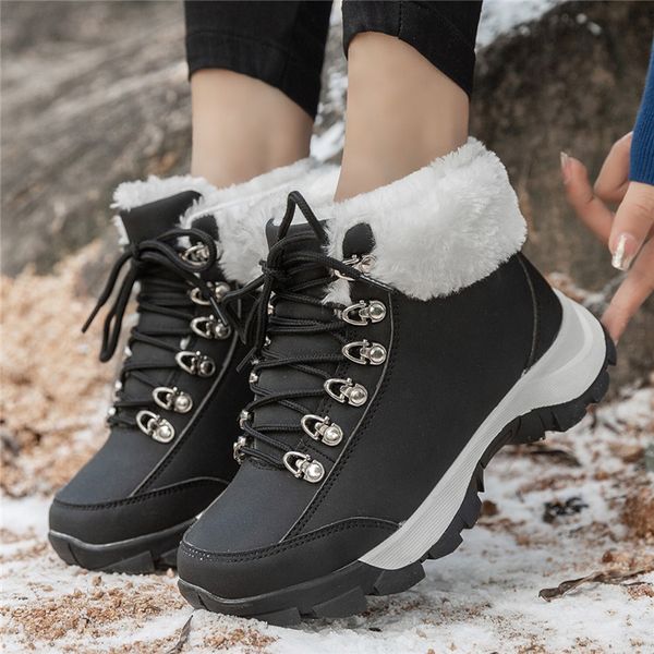 

lace-up winter boots women plus velvet snow boots keep warm casual cotton shoes flat women winter 2019 chaussures femme, Black