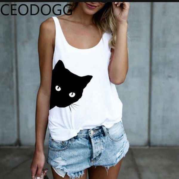 

ceodogg o neck mutlicolor pullover bottom t shirt women sleeveless off shouler cat pattern tees cotton loose top, White