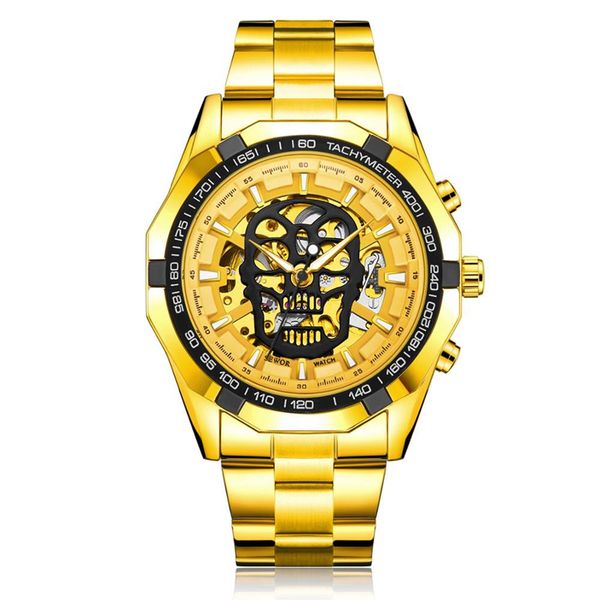 

golden automatic watch men steel strap skeleton mechanical automatic skull watches brand luxury dropshipping, Slivery;brown